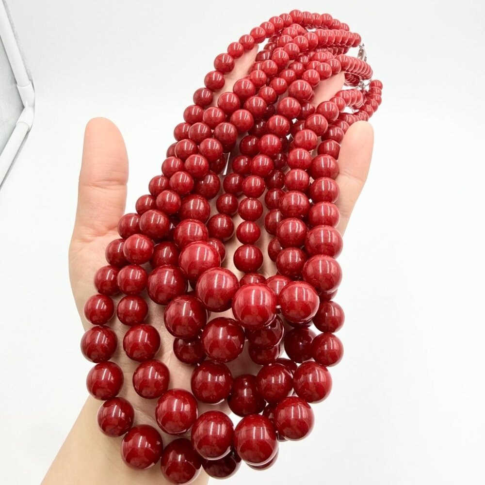 Vintage Red Beaded Multi Strand Statement Necklace Bold Chunky Bib - Picture 5 of 7